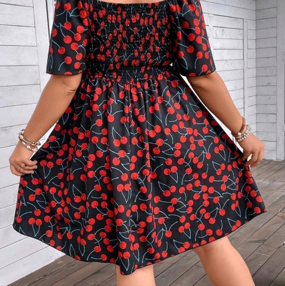 SHEIN VCAY Plus Allover Cherry Print Knot Front Butterfly Sleeve Dress - Picture 2 of 5
